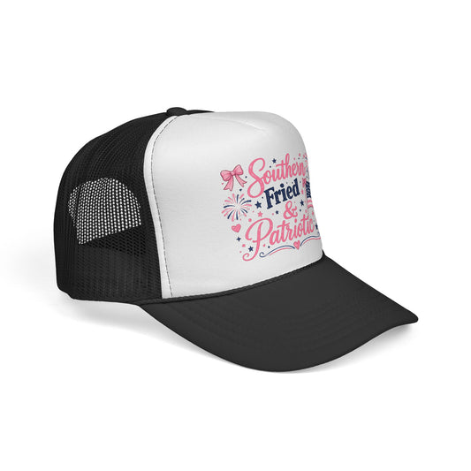 Southern Fried & Patriotic Trucker Cap β Pink Flag Fireworks Design