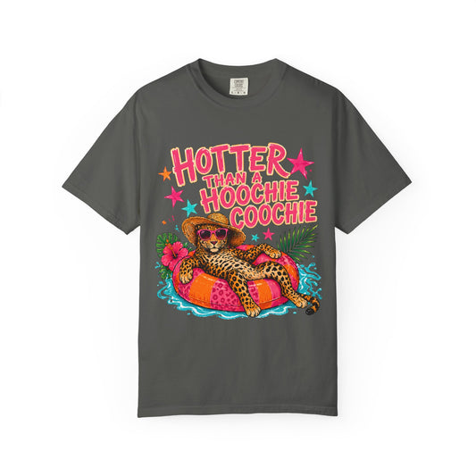 T-Shirt — "Hotter Than a Hoochie Coochie" Retro Leopard Pool Float Tee