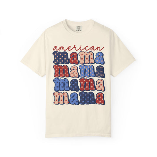 American Mama Graphic T-Shirt — Patriotic Red White & Blue “mama” Stack