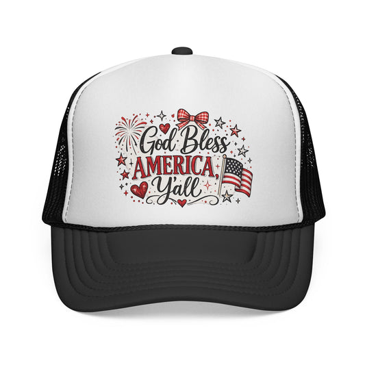 God Bless America Y'all Trucker Hat — Patriotic USA Flag & Fireworks Snapback