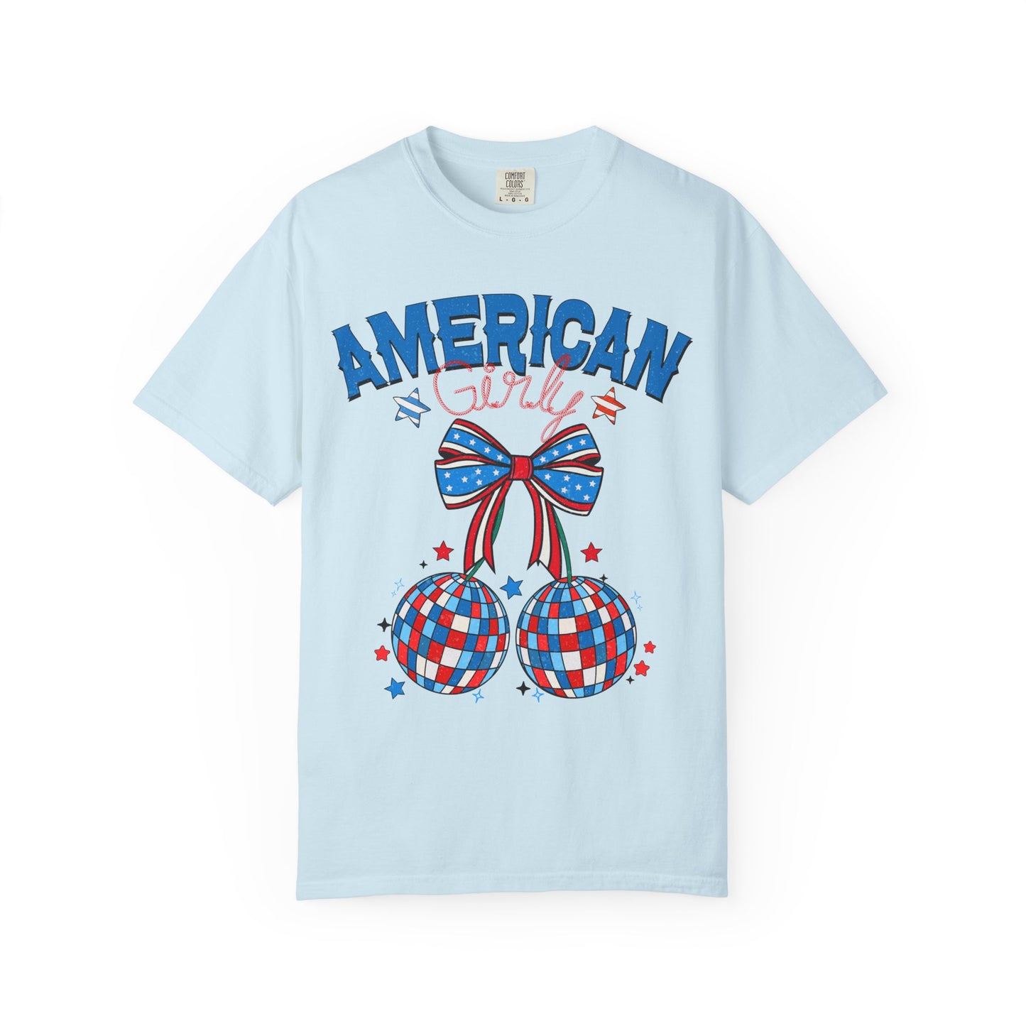 American Girl T-Shirt — Patriotic Red, White & Blue Bow Design