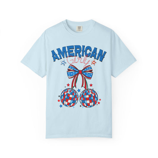 American Girl T-Shirt — Patriotic Red, White & Blue Bow Design