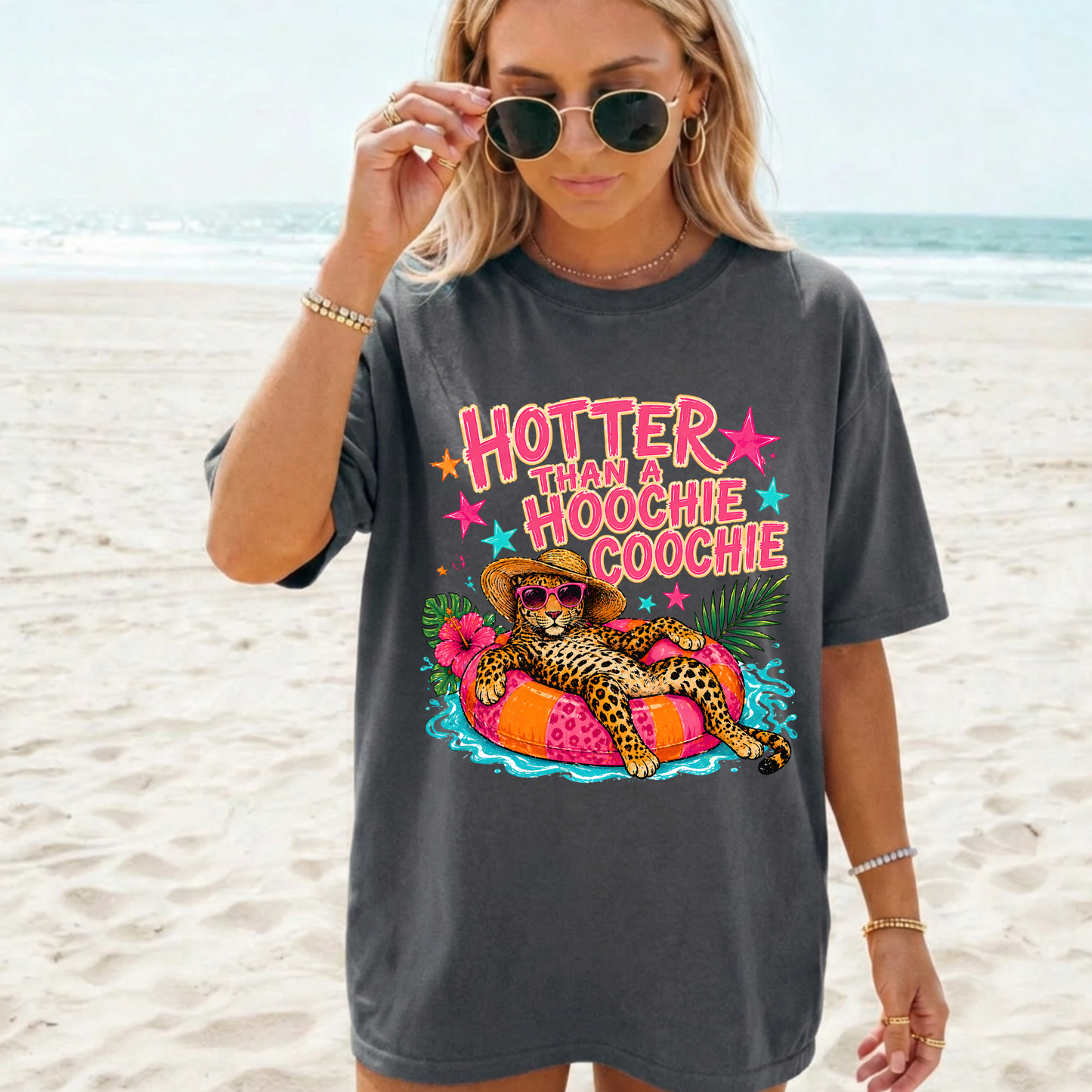 T-Shirt — "Hotter Than a Hoochie Coochie" Retro Leopard Pool Float Tee