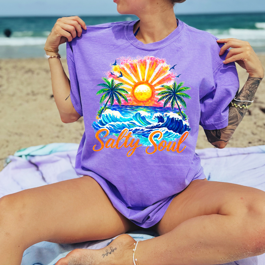 Salty Soul Beach T-Shirt — Sunset Palm Surf Graphic Tee