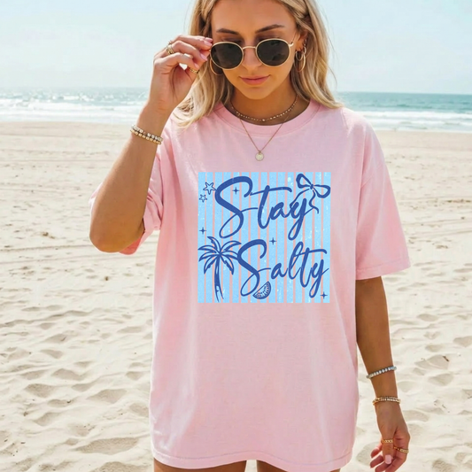 Stay Salty Beach T-Shirt — Pink Palm Tree Summer Tee