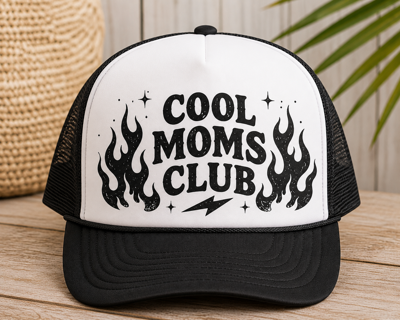 Cool Moms Club Trucker Hat — Vintage Flame Graphic Cap for Stylish Moms