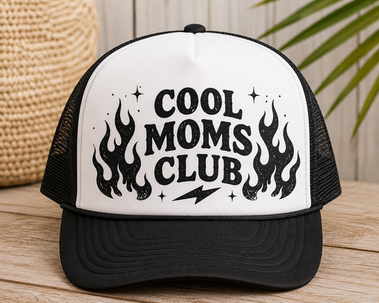 Cool Moms Club Trucker Hat — Vintage Flame Graphic Cap for Stylish Moms