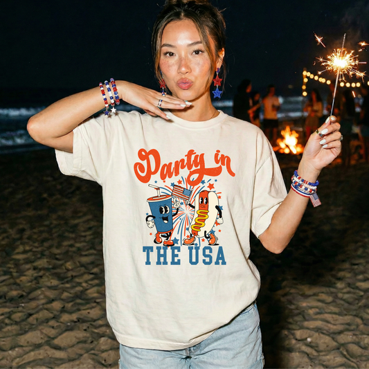 Party in the USA T-Shirt — 4th of July Retro Hot Dog & Soda Graphic Tee