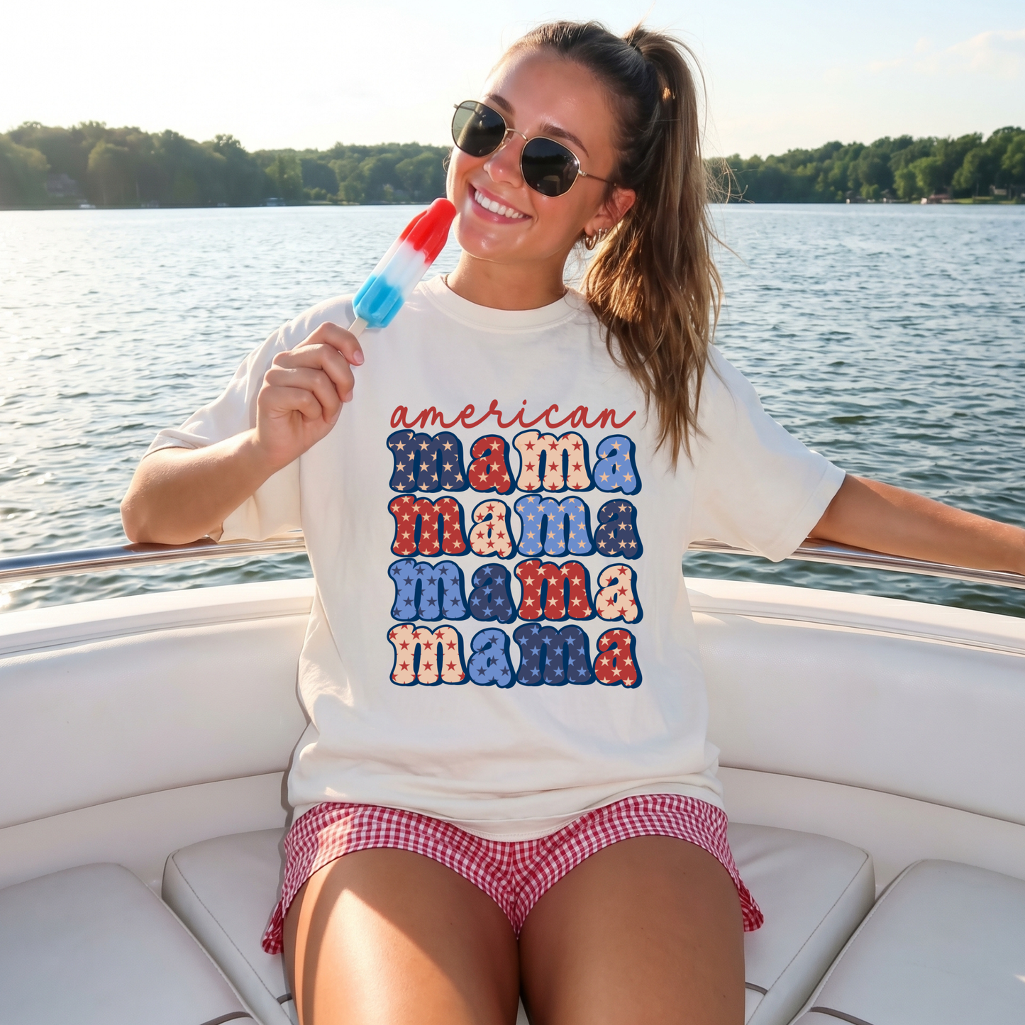 American Mama Graphic T-Shirt — Patriotic Red White & Blue “mama” Stack