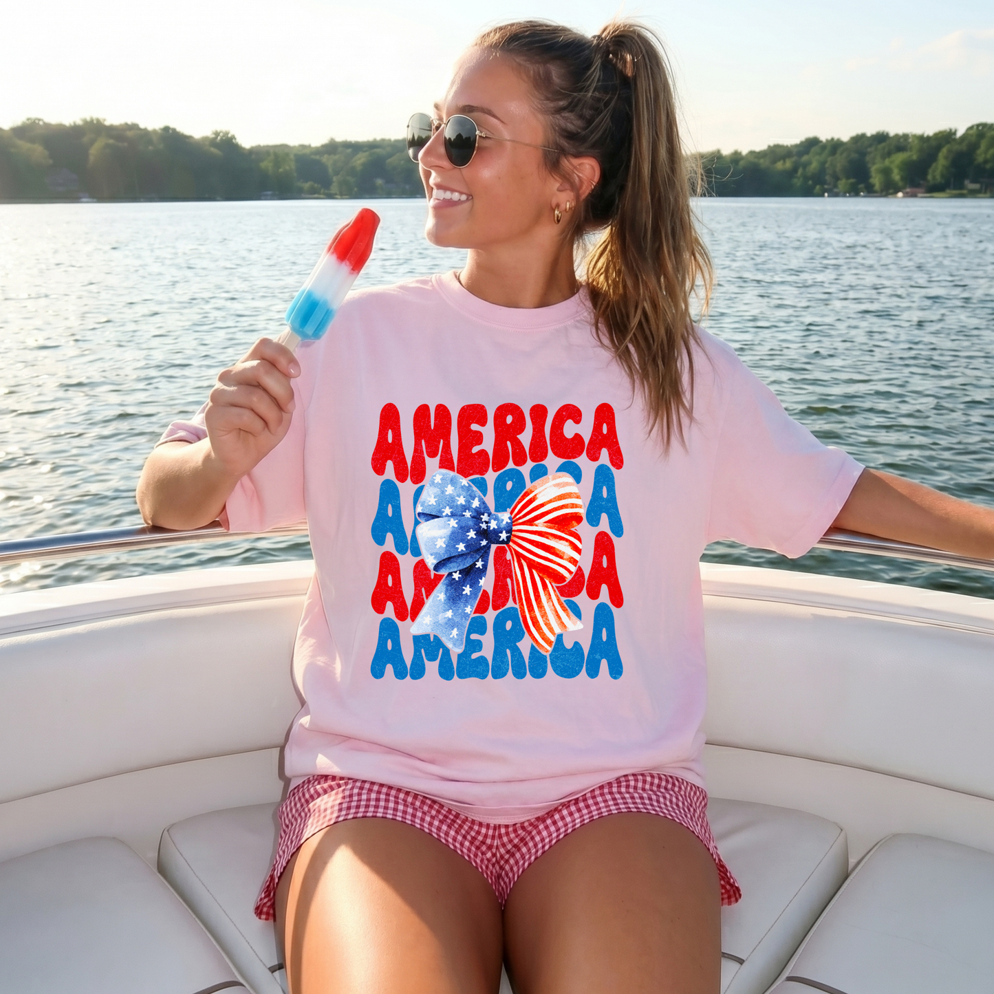 America Bow Graphic T-Shirt — Patriotic Fourth of July Tee