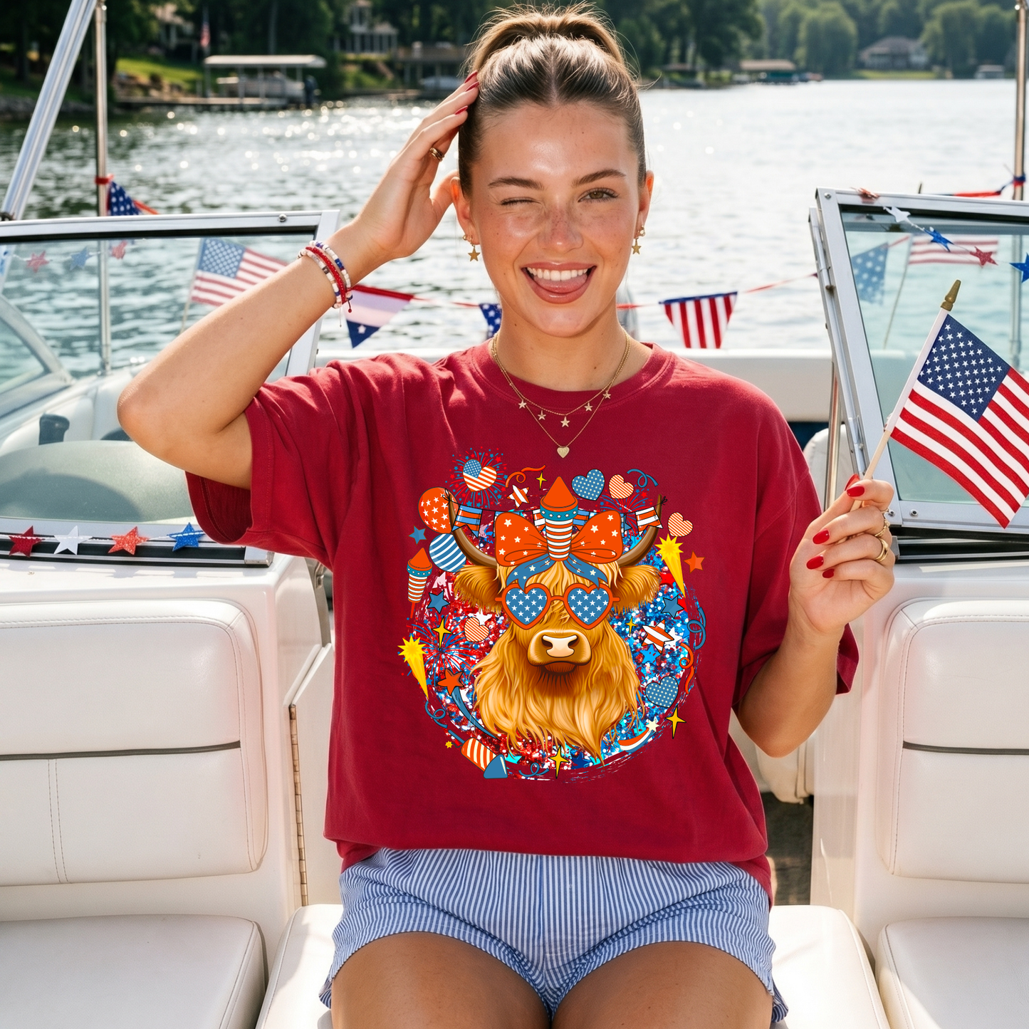 Patriotic Highland Cow T-Shirt — 4th of July USA Festival Tee