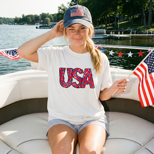 USA Patriotic T-Shirt — Red, White & Blue Star Pattern Tee