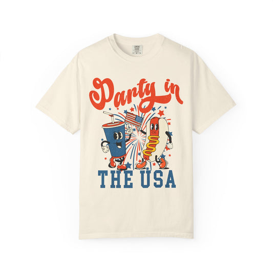 Party in the USA T-Shirt — 4th of July Retro Hot Dog & Soda Graphic Tee