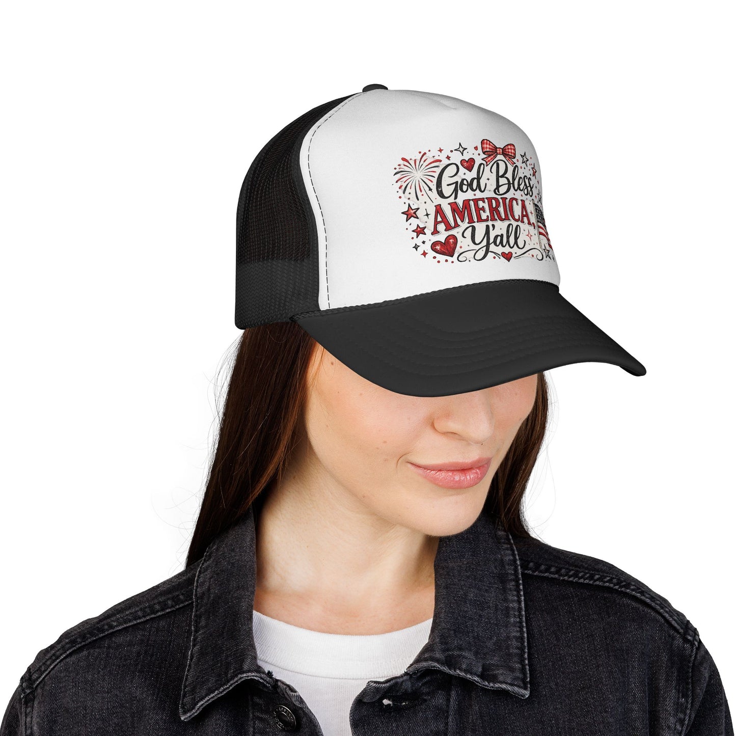 God Bless America Y'all Trucker Hat — Patriotic USA Flag & Fireworks Snapback