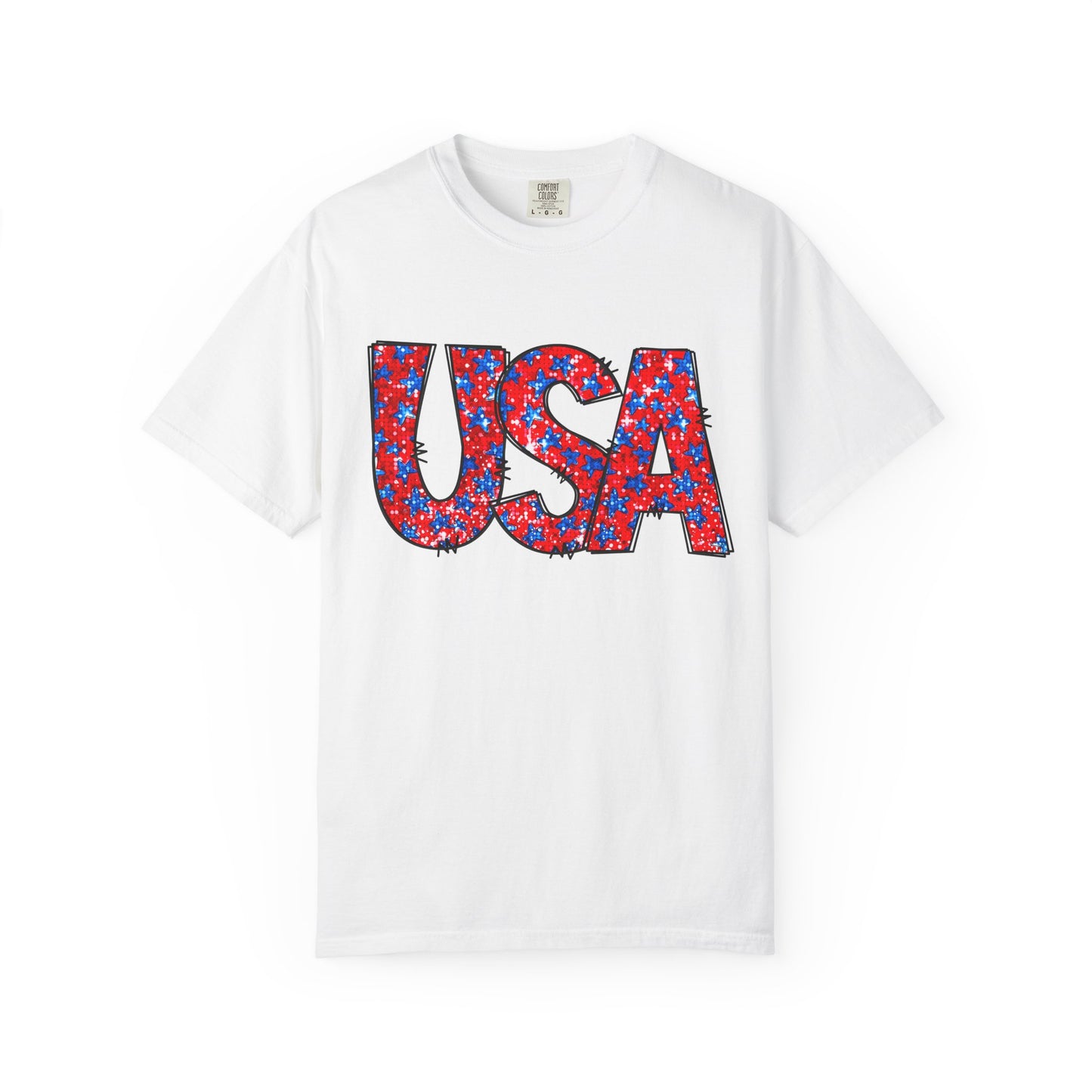 USA Patriotic T-Shirt — Red, White & Blue Star Pattern Tee
