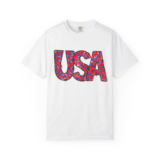 USA Patriotic T-Shirt — Red, White & Blue Star Pattern Tee