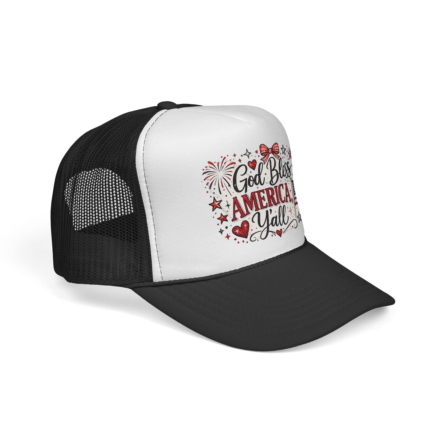 God Bless America Y'all Trucker Hat — Patriotic USA Flag & Fireworks Snapback